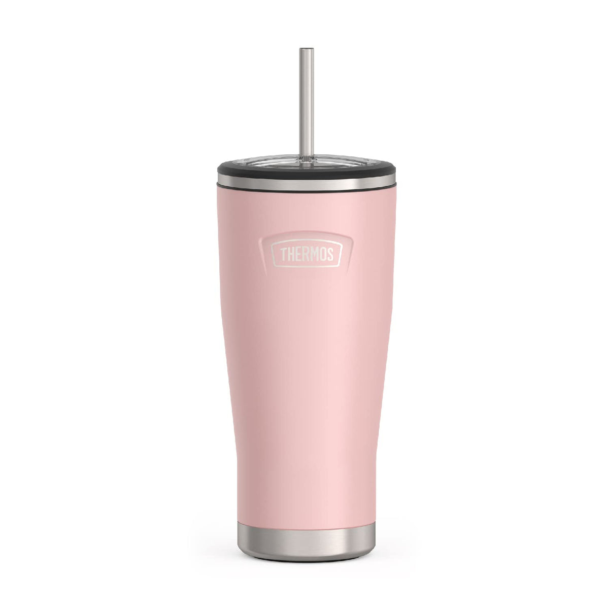 THERMOS front view of Sunset Pink 24oz tumbler showing sleek shape and lid, reliable portability