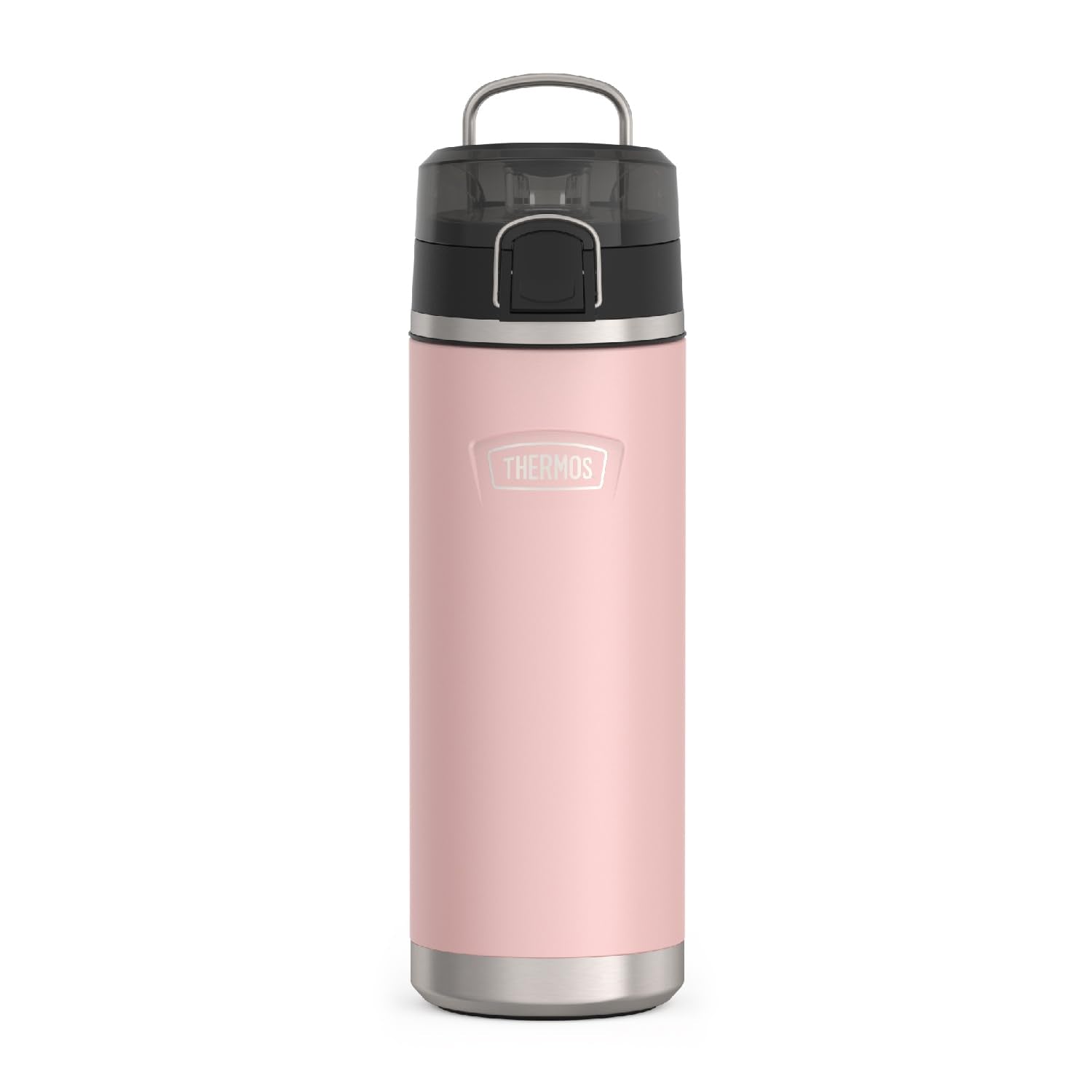 THERMOS front view of Sunset Pink bottle showing lid and color, durable design