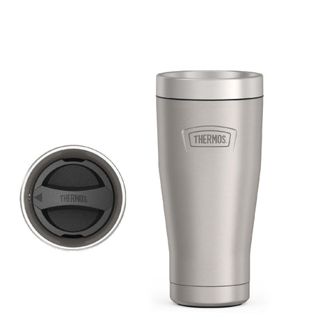 THERMOS front view of matte stainless tumbler showing sleek design and portability benefit