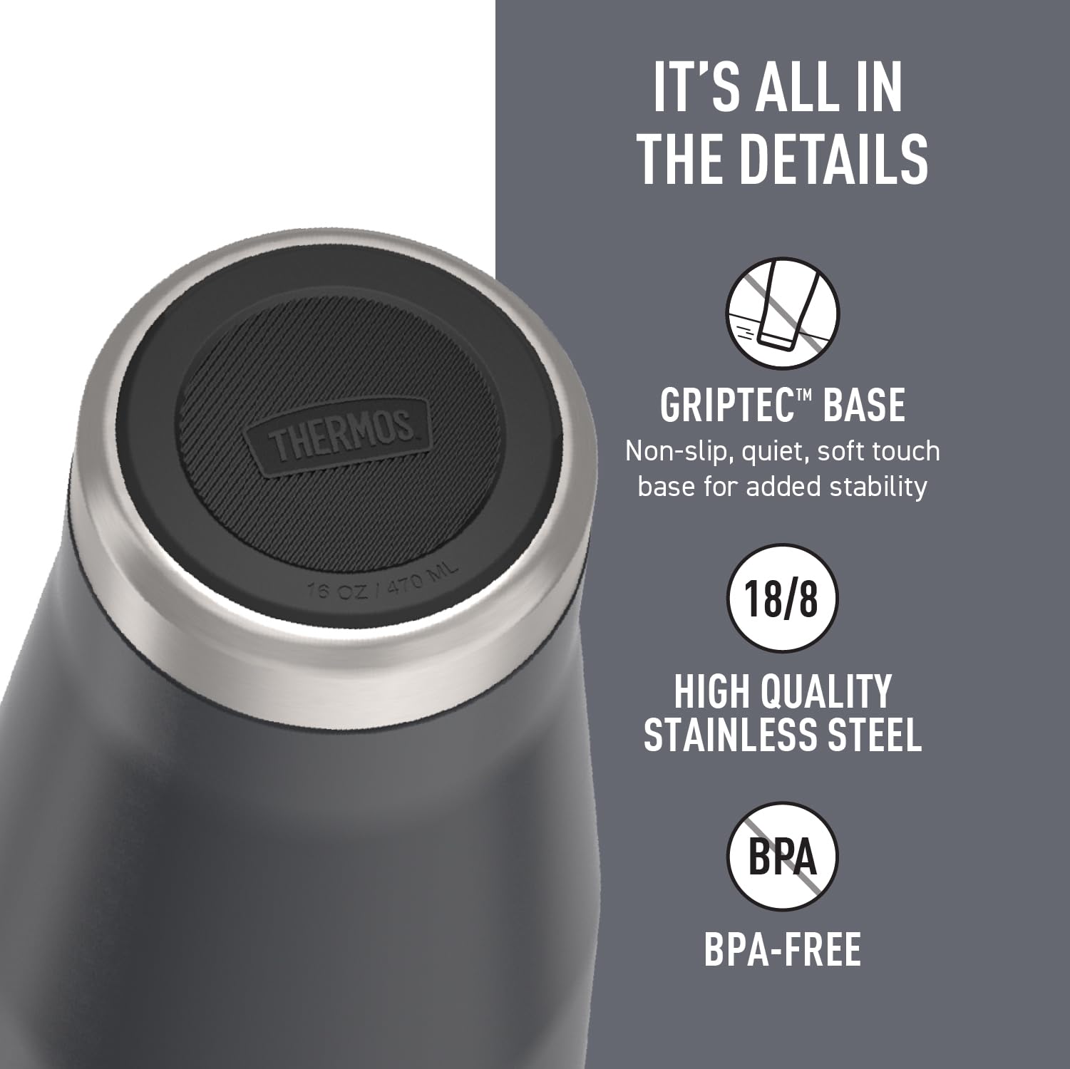 THERMOS GRIPTEC base close-up demonstrating non-slip protection and quiet use