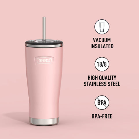 THERMOS close view of lid and stainless-steel straw highlighting spill control and reusable sipping
