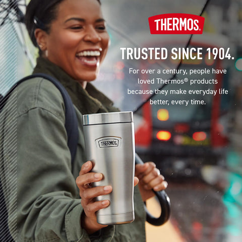 THERMOS tumbler beside a soda can showing 16 oz size for portion and scale clarity