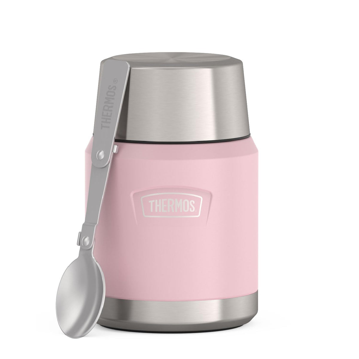 THERMOS front view of Sunset Pink jar showing compact design and secure lid benefit
