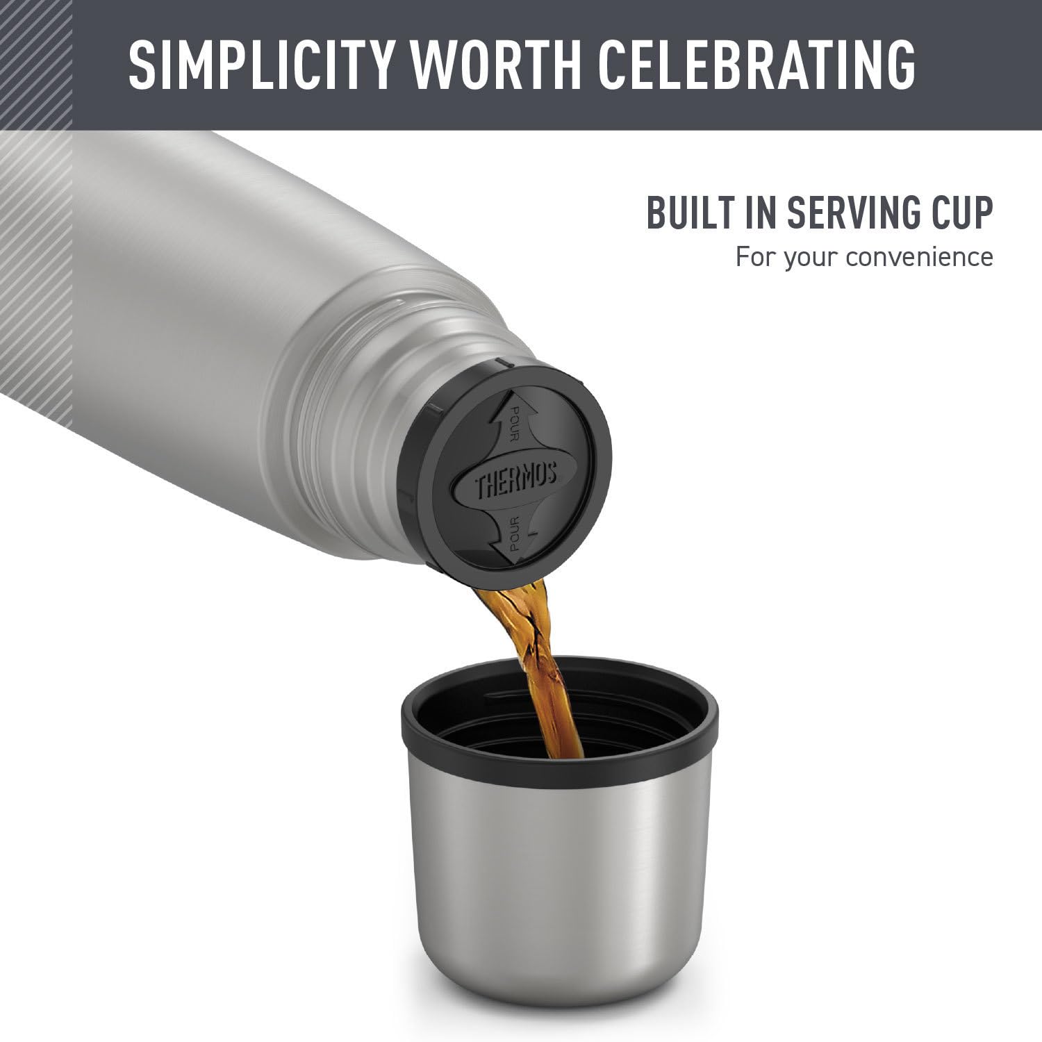 THERMOS lid used as cup showing quick drinking convenience on the go