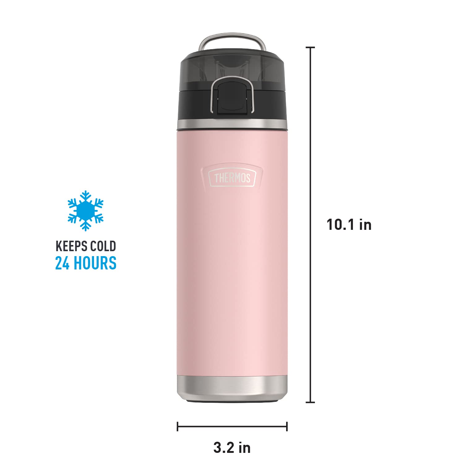 THERMOS Sunset Pink bottle in outdoor hike setting showing cold beverage convenience