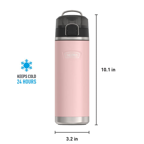 THERMOS Sunset Pink bottle in outdoor hike setting showing cold beverage convenience