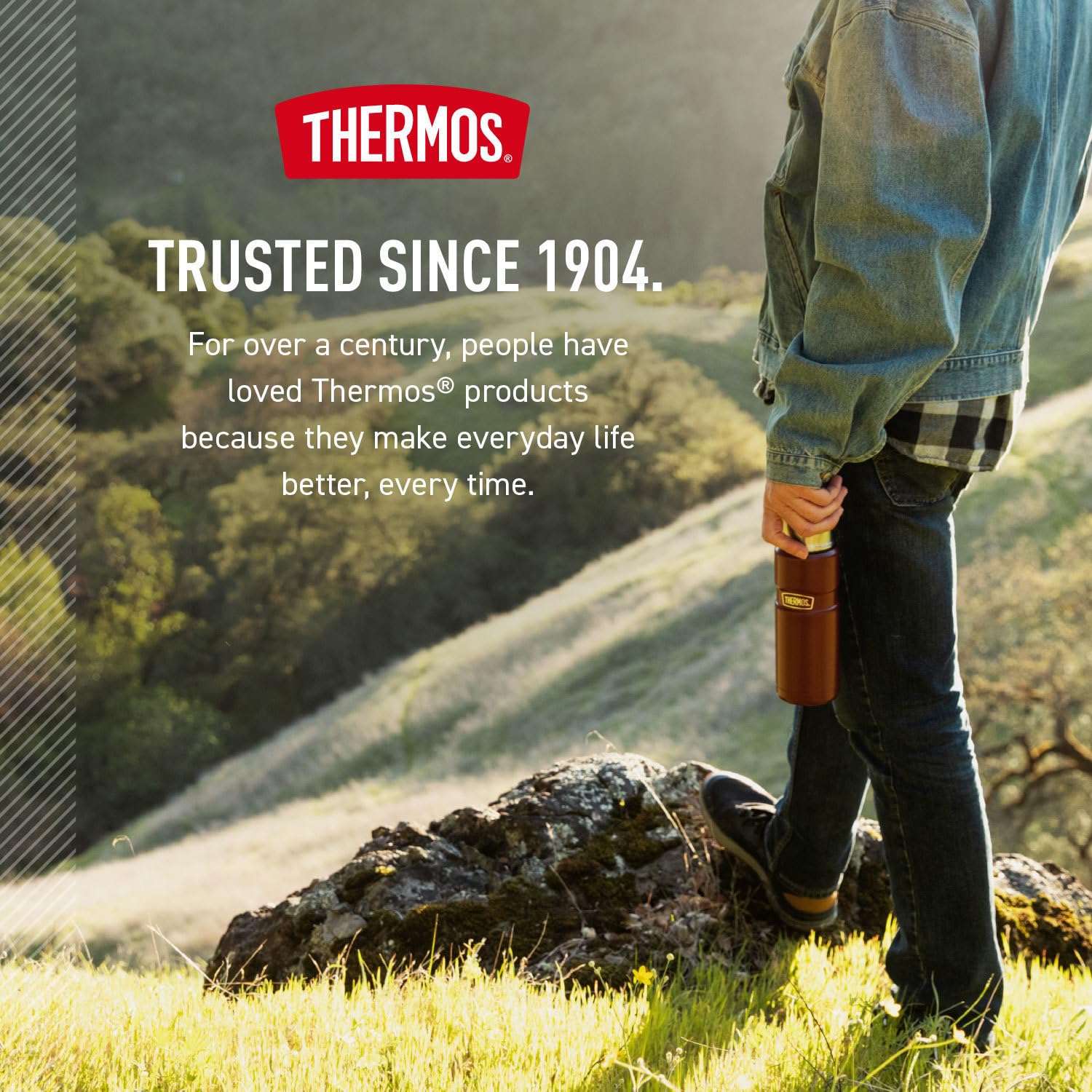 THERMOS bottle in outdoor setting showing travel-ready temperature retention