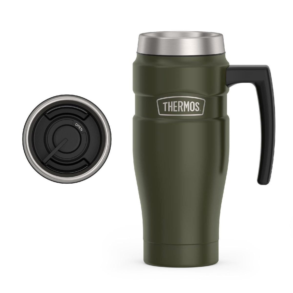 THERMOS front view of Army Green travel mug highlighting durable design and temperature retention