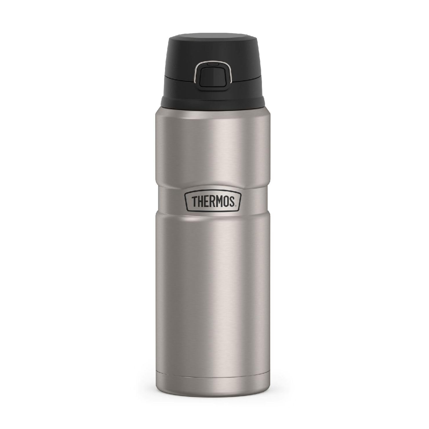 THERMOS front view of bottle showing matte steel finish and durable body benefit