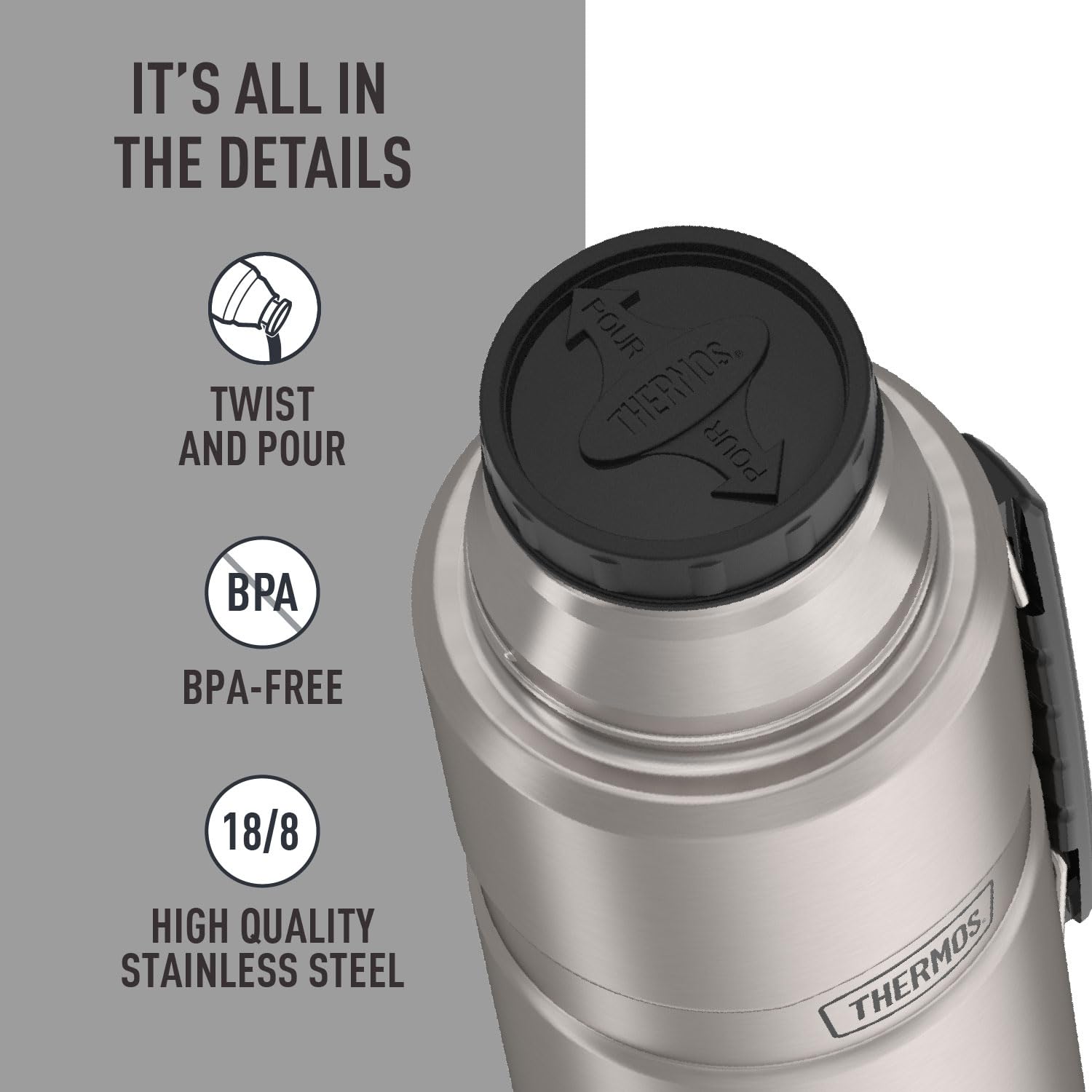 THERMOS Stainless King carry handle and cap profile for secure transport