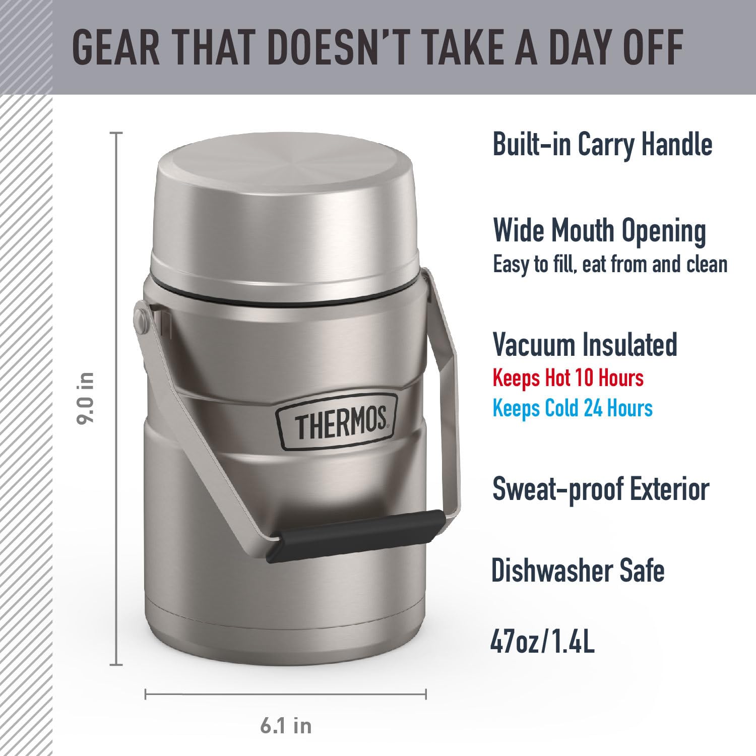 THERMOS close-up of handle and lid detail, secure grip and leak protection