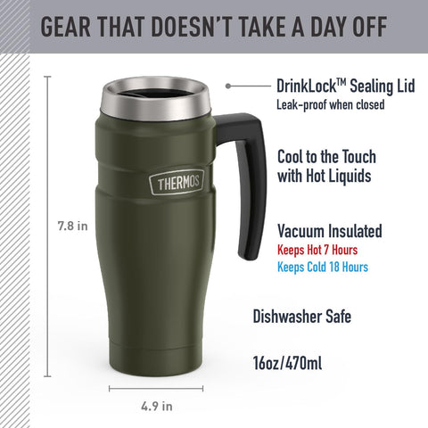 THERMOS close-up of handle and DrinkLock lid showing secure grip and leak protection