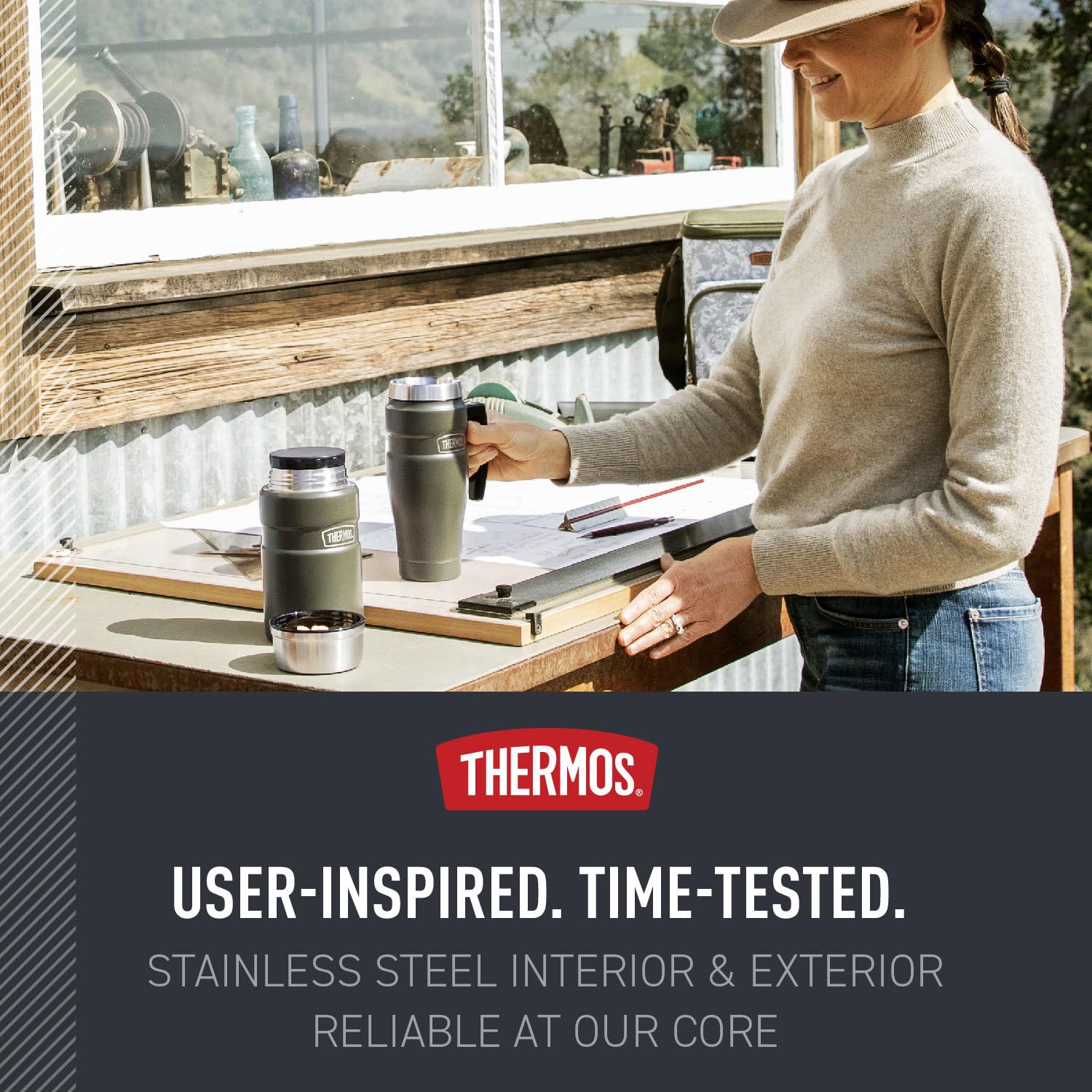 THERMOS travel mug seated in a car cupholder demonstrating stability during commutes