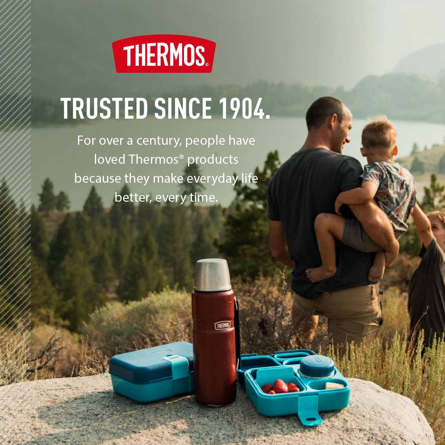 THERMOS bottle at campsite demonstrating long-lasting temperature retention benefit