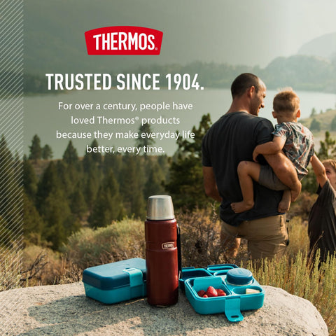 THERMOS bottle at campsite demonstrating long-lasting temperature retention benefit