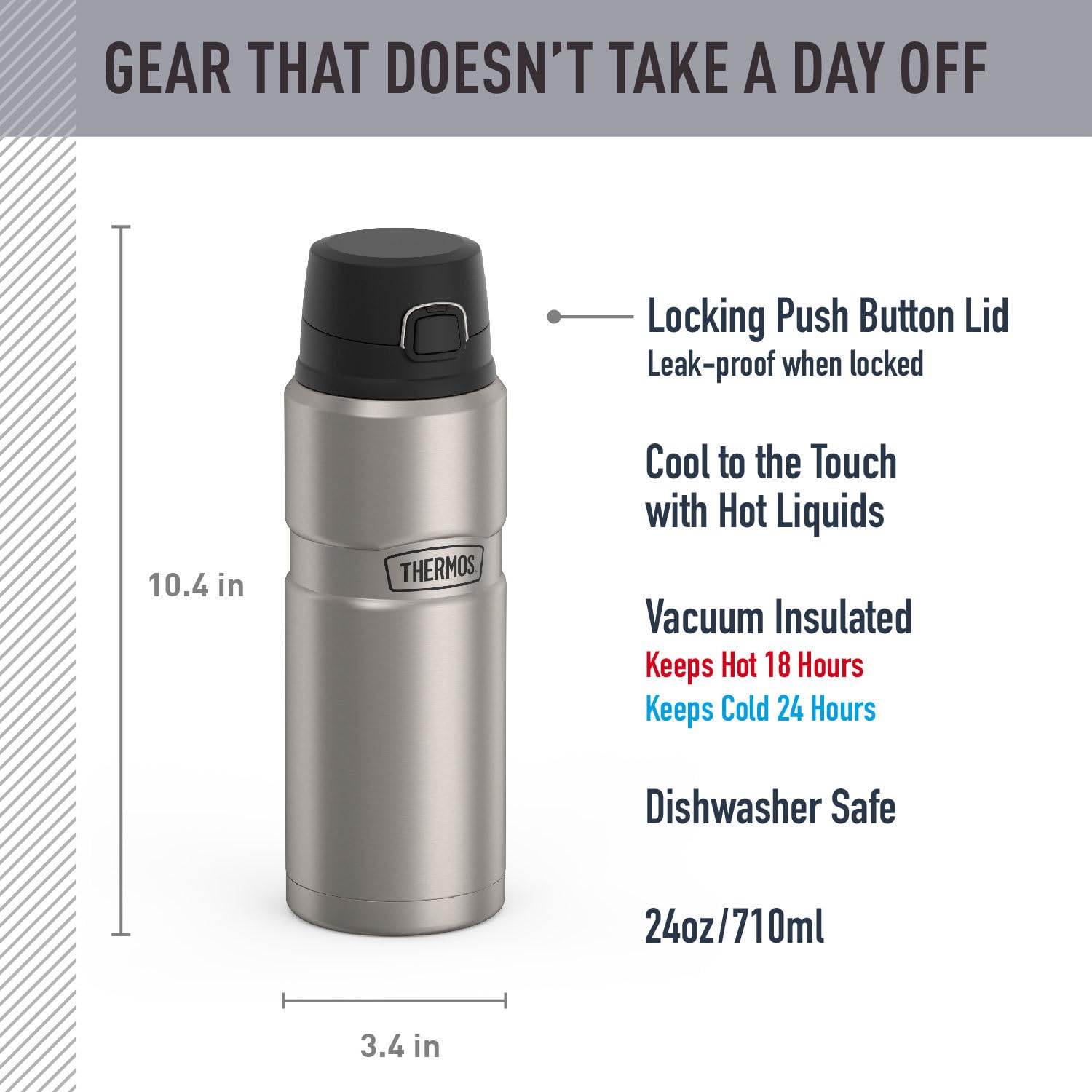 THERMOS close-up of push-button lid and locking ring showing secure closure benefit