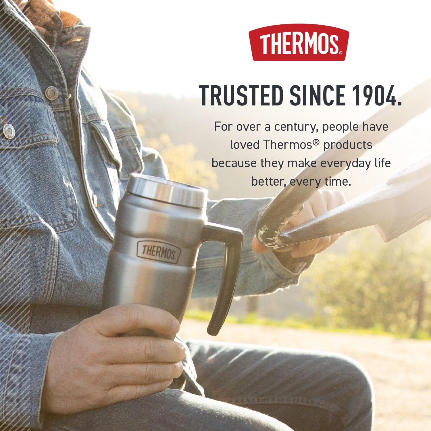THERMOS mug on a trail pack illustrating rugged use and reliable insulation outdoors