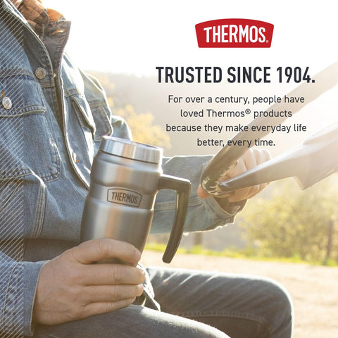 THERMOS mug on a trail pack illustrating rugged use and reliable insulation outdoors
