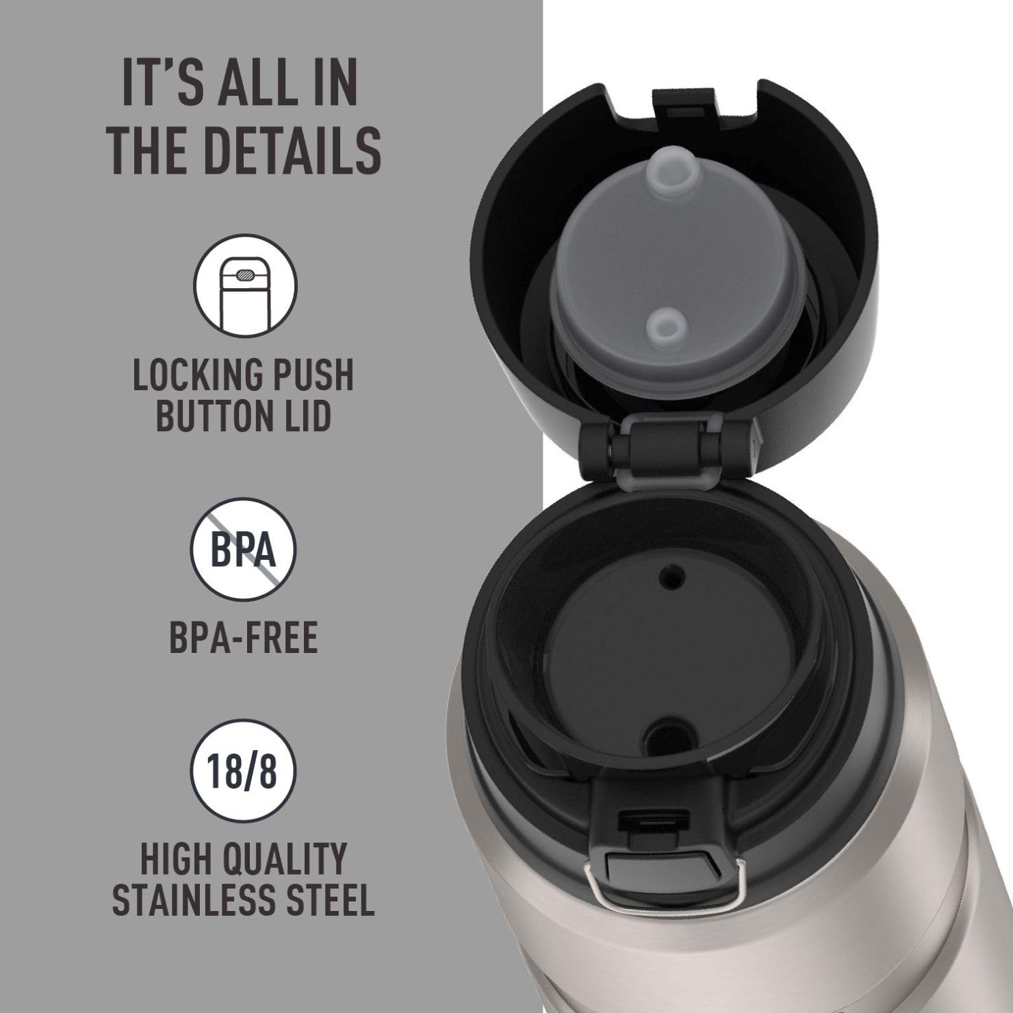 THERMOS textured matte steel exterior close-up showing sweat-proof, scratch-hiding benefit