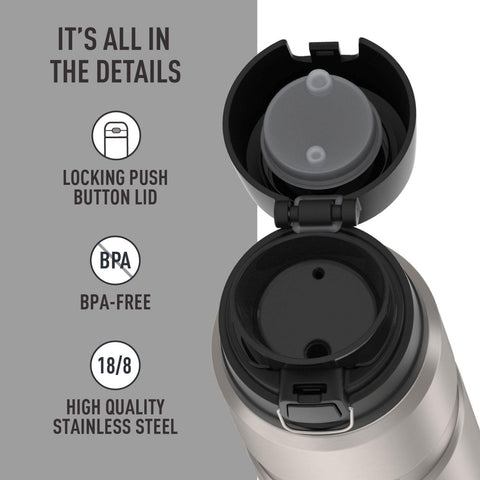 THERMOS textured matte steel exterior close-up showing sweat-proof, scratch-hiding benefit