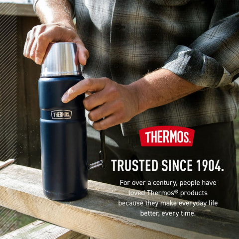THERMOS Stainless King in campsite setting keeping beverages hot for groups