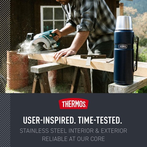 THERMOS Stainless King beside coffee mugs showing capacity for group servings