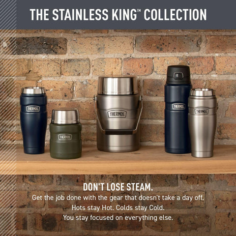 THERMOS bottle beside a coffee cup showing 24 oz capacity and scale benefit