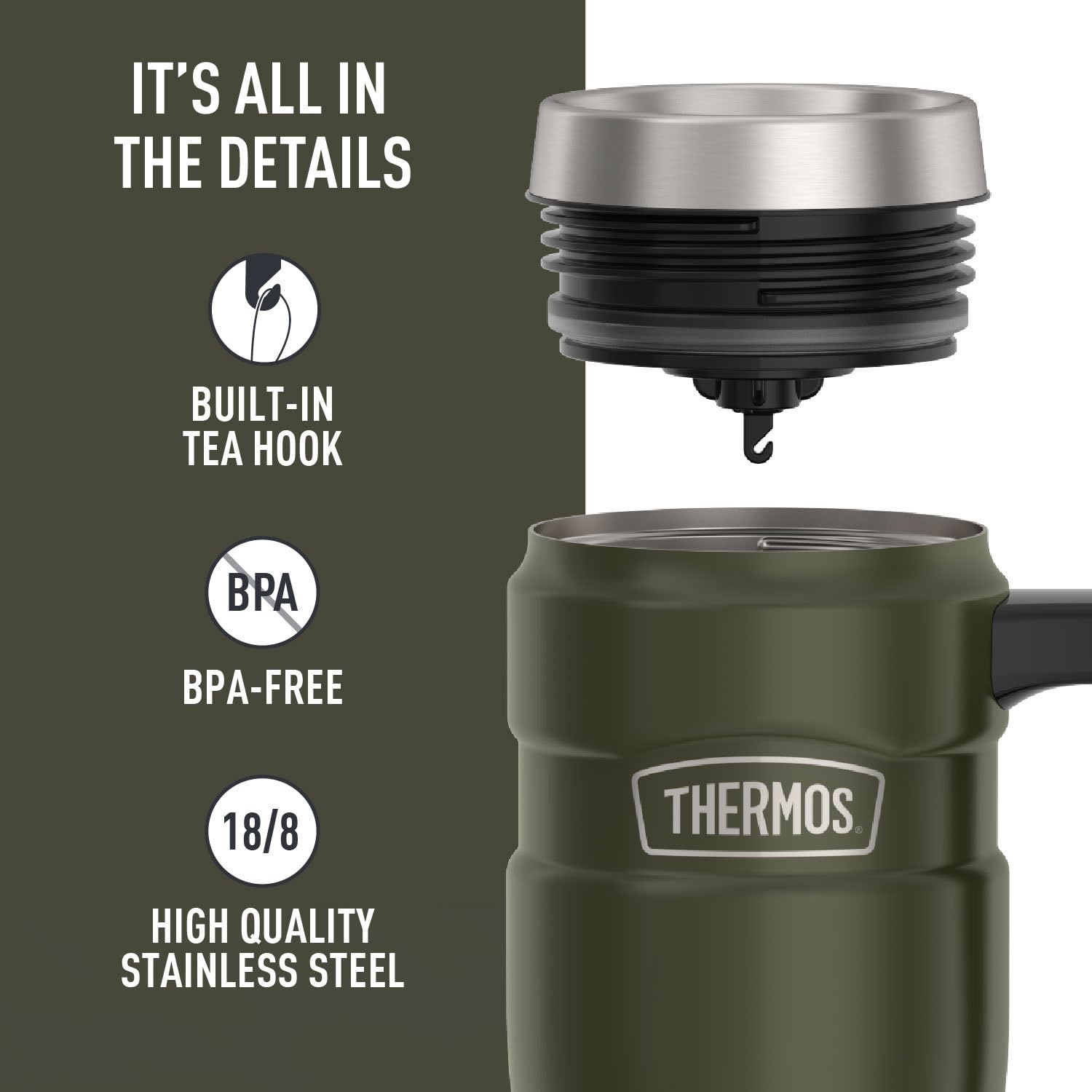THERMOS 16oz mug in hand to show scale and comfortable handle for easy carrying