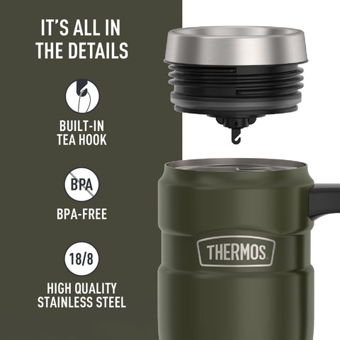 THERMOS 16oz mug in hand to show scale and comfortable handle for easy carrying