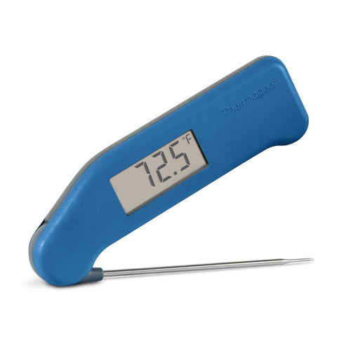 ThermoWorks Classic Thermapen front view showing nautical blue finish and clear display benefit fast reading