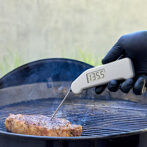 ThermoWorks Classic Thermapen held in hand for scale showing compact size and professional convenience