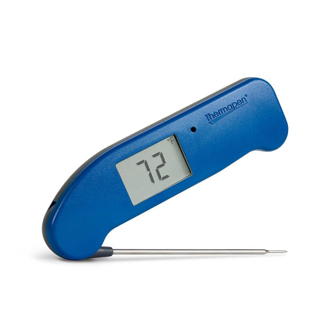 ThermoWorks Thermapen ONE front view showing compact nautical blue body and readable face, reliable professional tool
