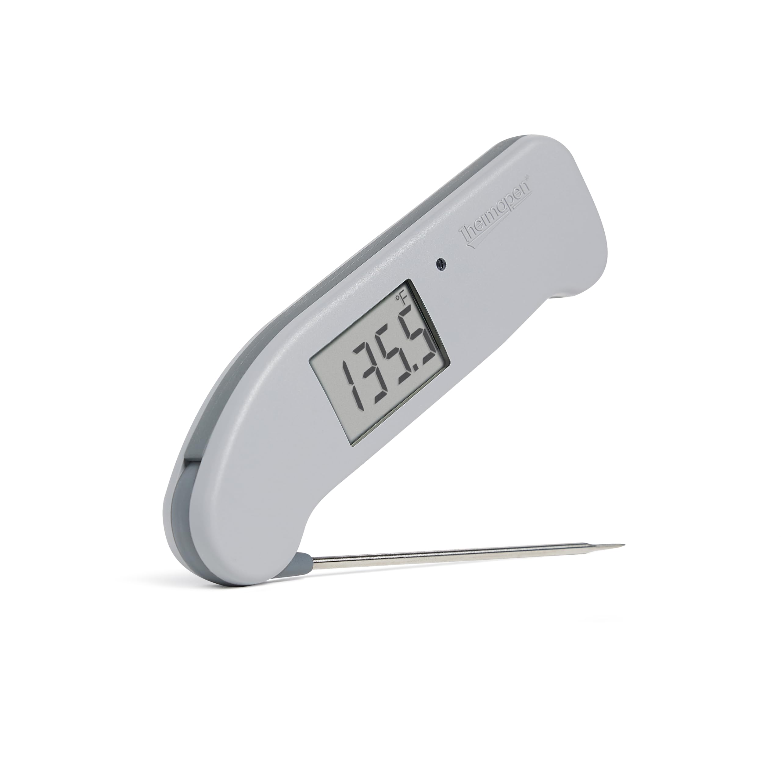 ThermoWorks Thermapen ONE front view showing dove grey finish and intuitive display benefit