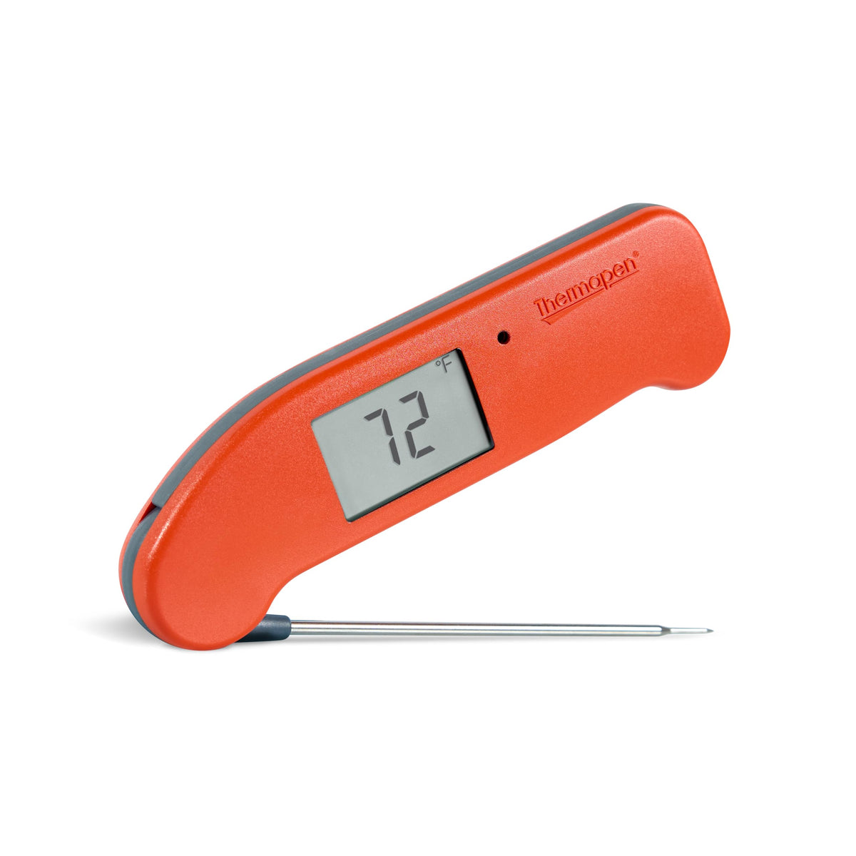 ThermoWorks Thermapen ONE front view shows cayenne red finish and clear display benefit: instant visibility