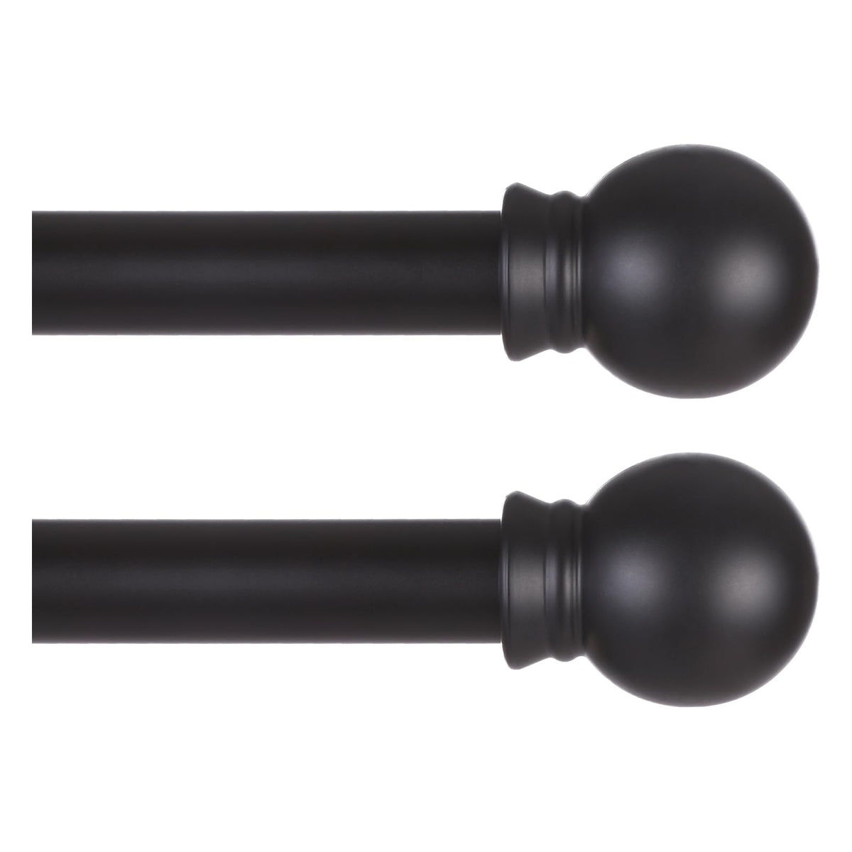 Thestoa 2-pack front view showing matte black rods and finials, neat modern look