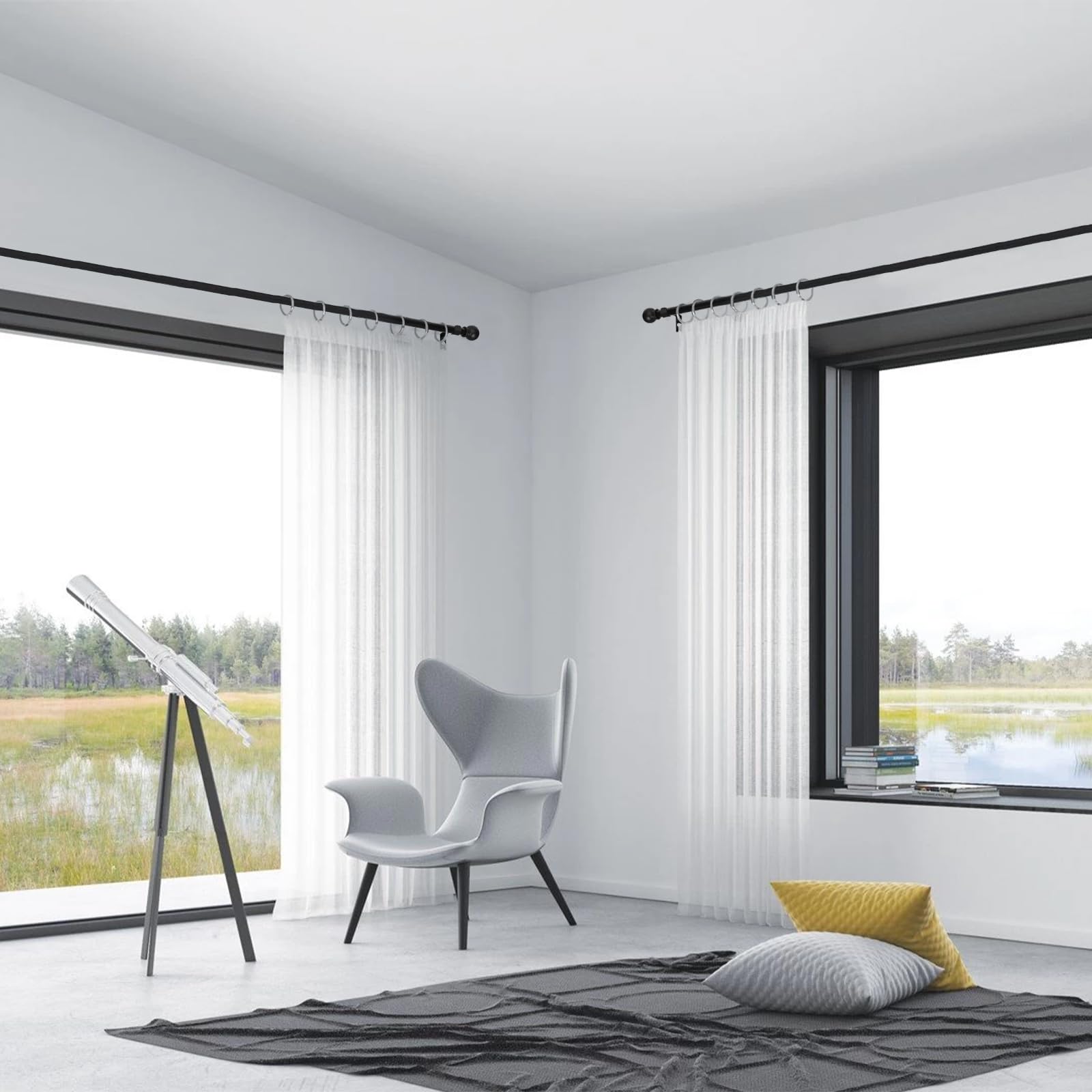 Thestoa curtain rod installed over a kitchen window showing easy, clean styling