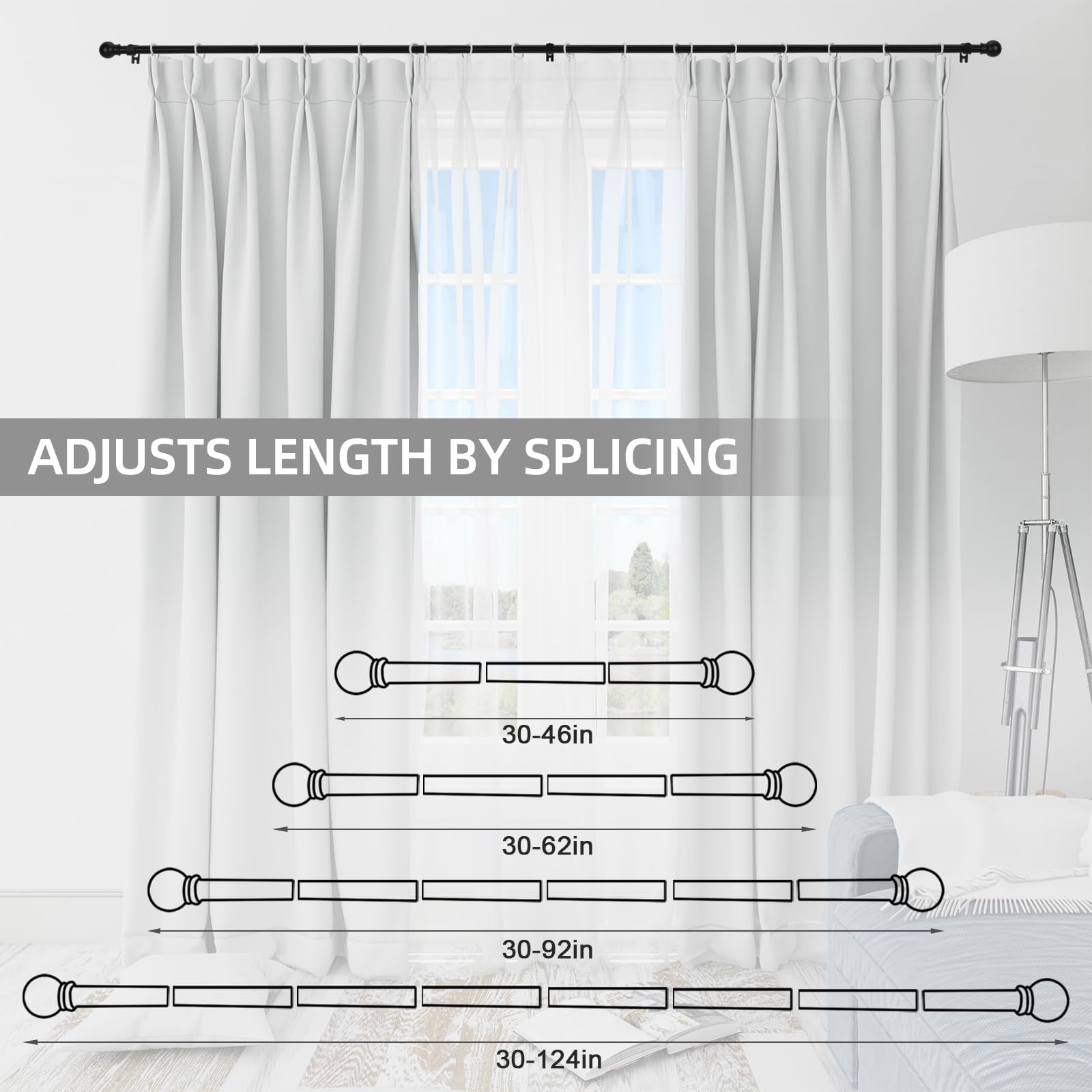Thestoa rod beside tape measure illustrating adjustable 48 to 92 inch range
