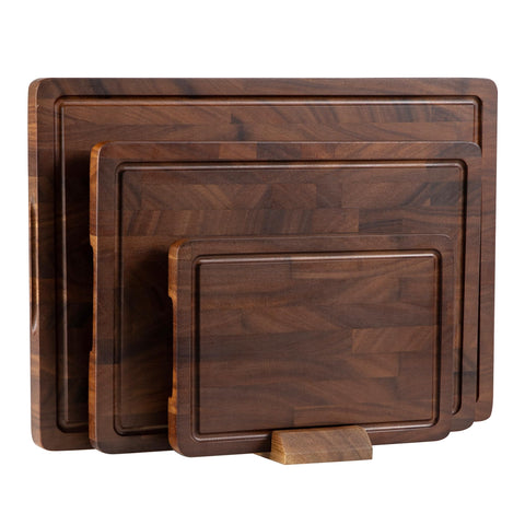 thetchry walnut cutting board front view showing full shape and finish, durable utility
