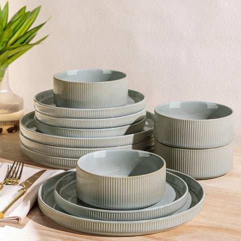 theterra front view plate and bowl set showing complete 12-piece arrangement and elegant look
