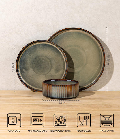 theterra plate and bowl next to utensils showing true-to-scale sizing
