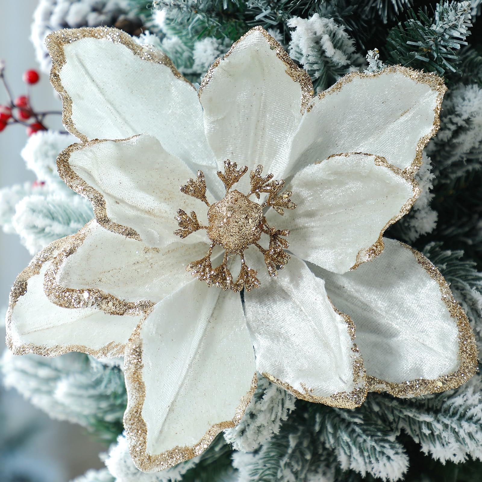 thiccywoov front packaging showing eight white velvet magnolias and pearls for instant holiday impact