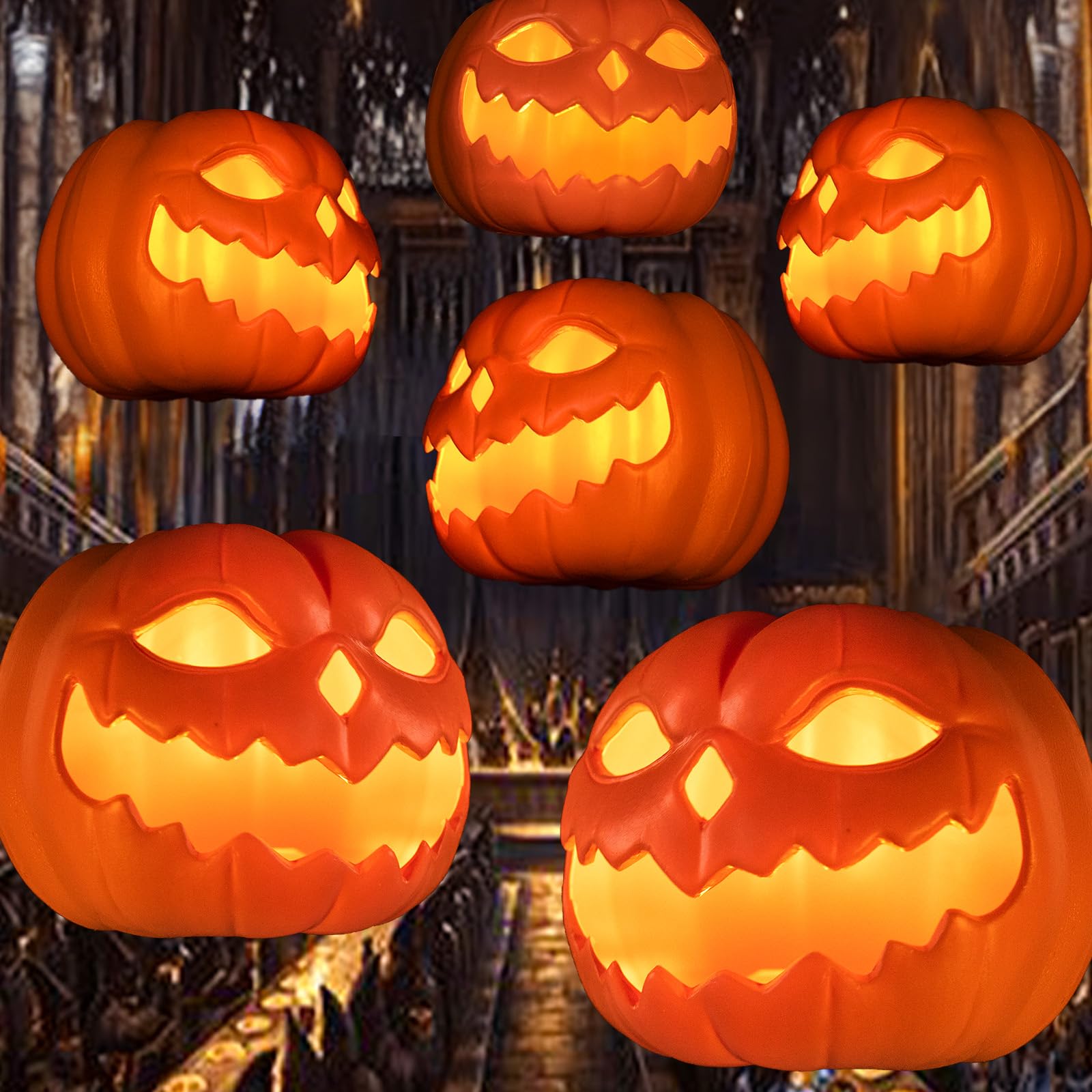 Thigreact front view of six floating pumpkins showing included hook benefits