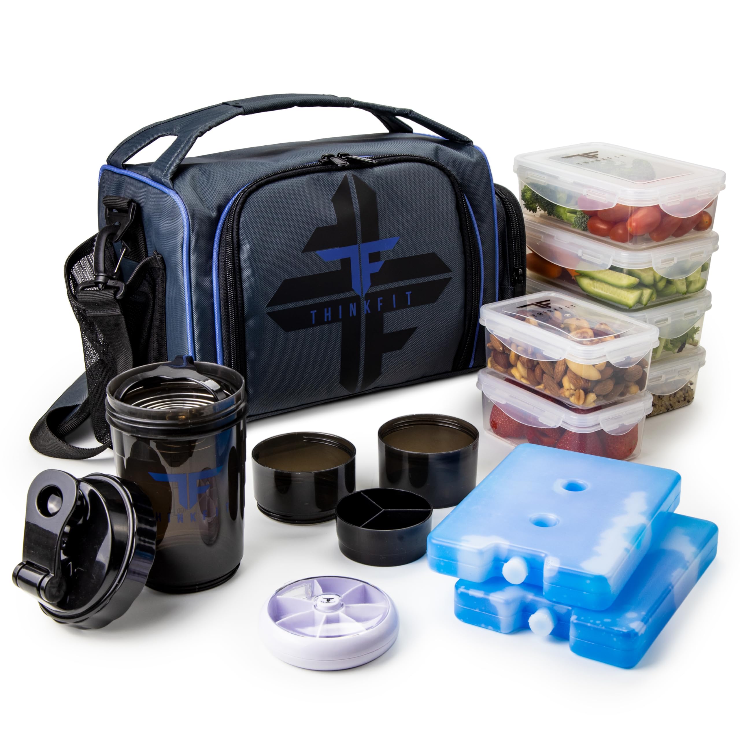 ThinkFit front view of blue lunch box showing organized storage and portability