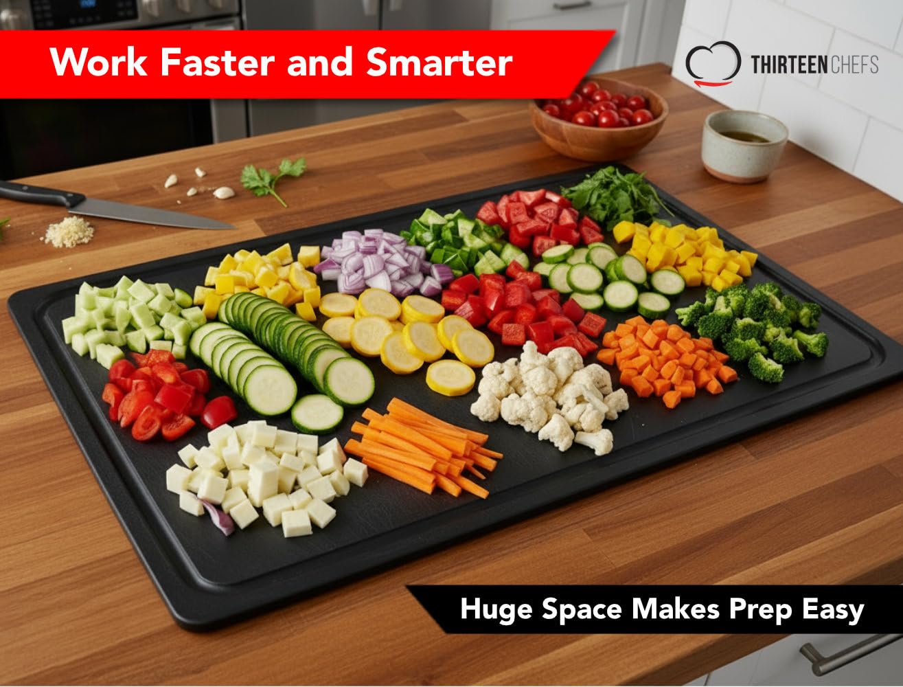 Thirteen Chefs board on a restaurant prep table showing professional-grade durability benefit