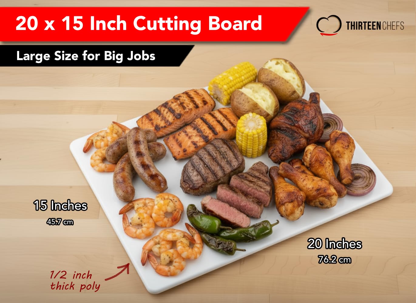 Thirteen Chefs board edge close-up displays 1/2 inch thickness and stability benefit