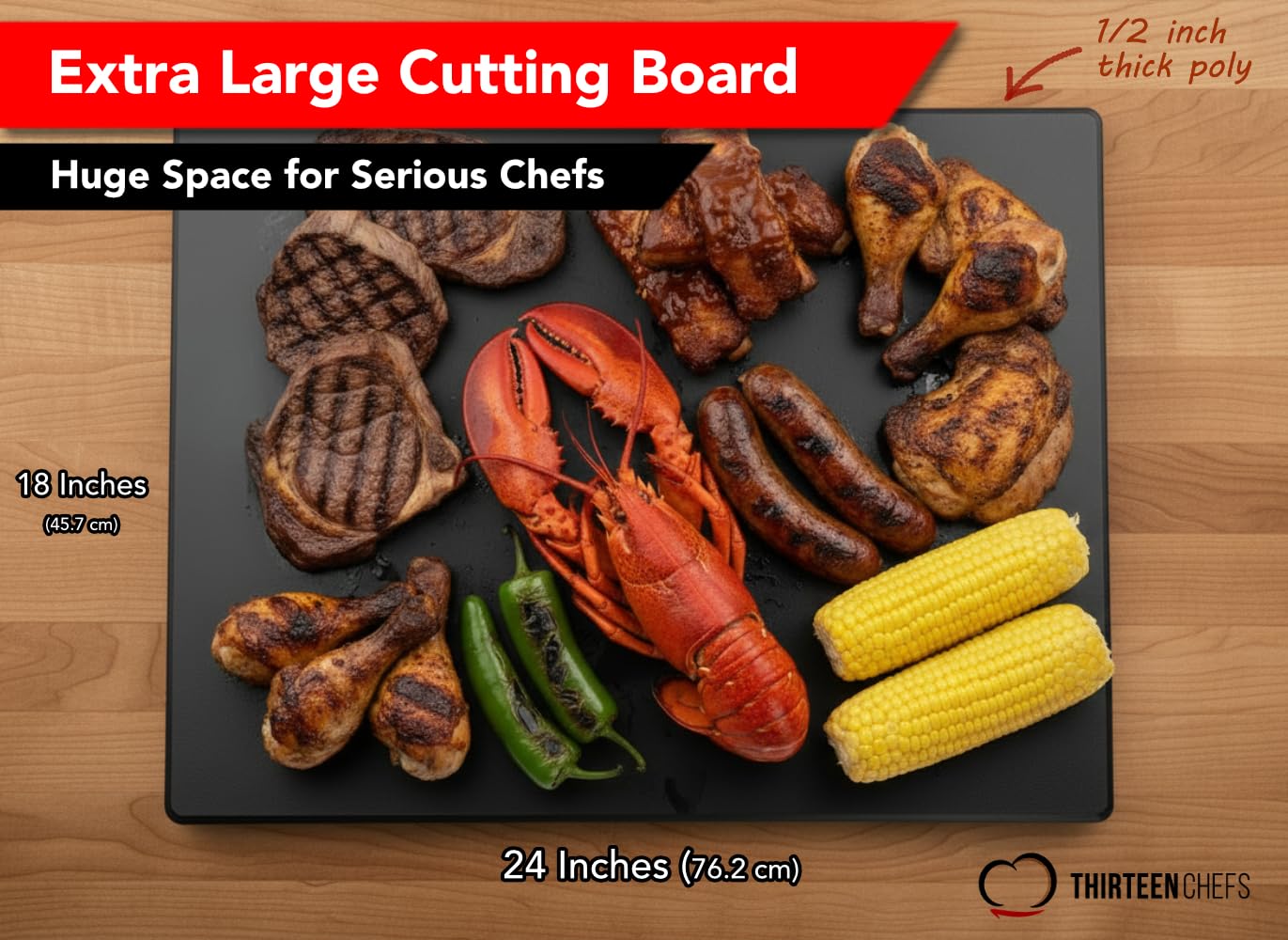 Thirteen Chefs close-up edge showing half-inch thickness for stability and heavy use