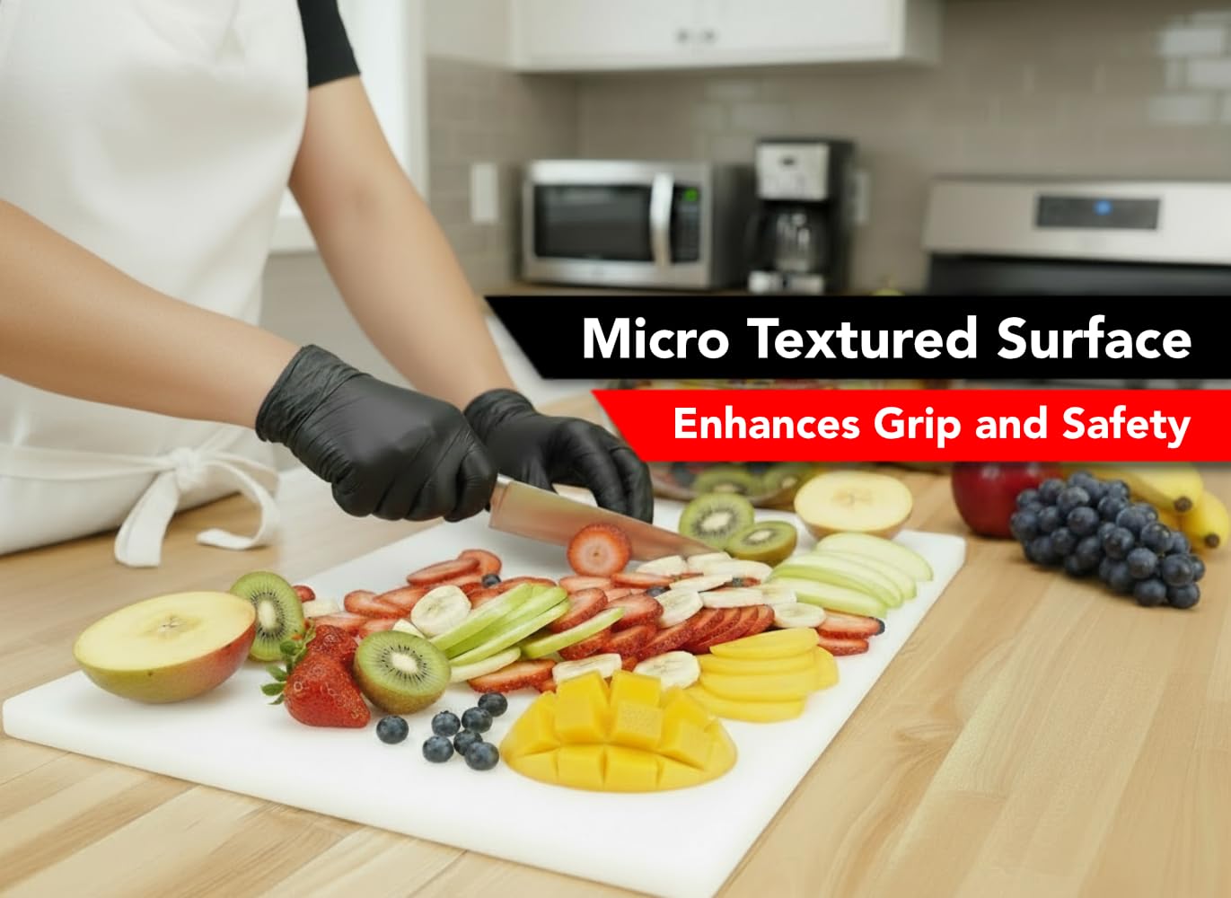 Thirteen Chefs board under knife illustrates weight and anti-slip cutting stability
