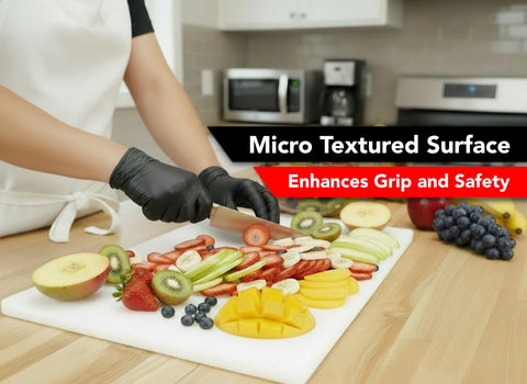 Thirteen Chefs board under knife illustrates weight and anti-slip cutting stability
