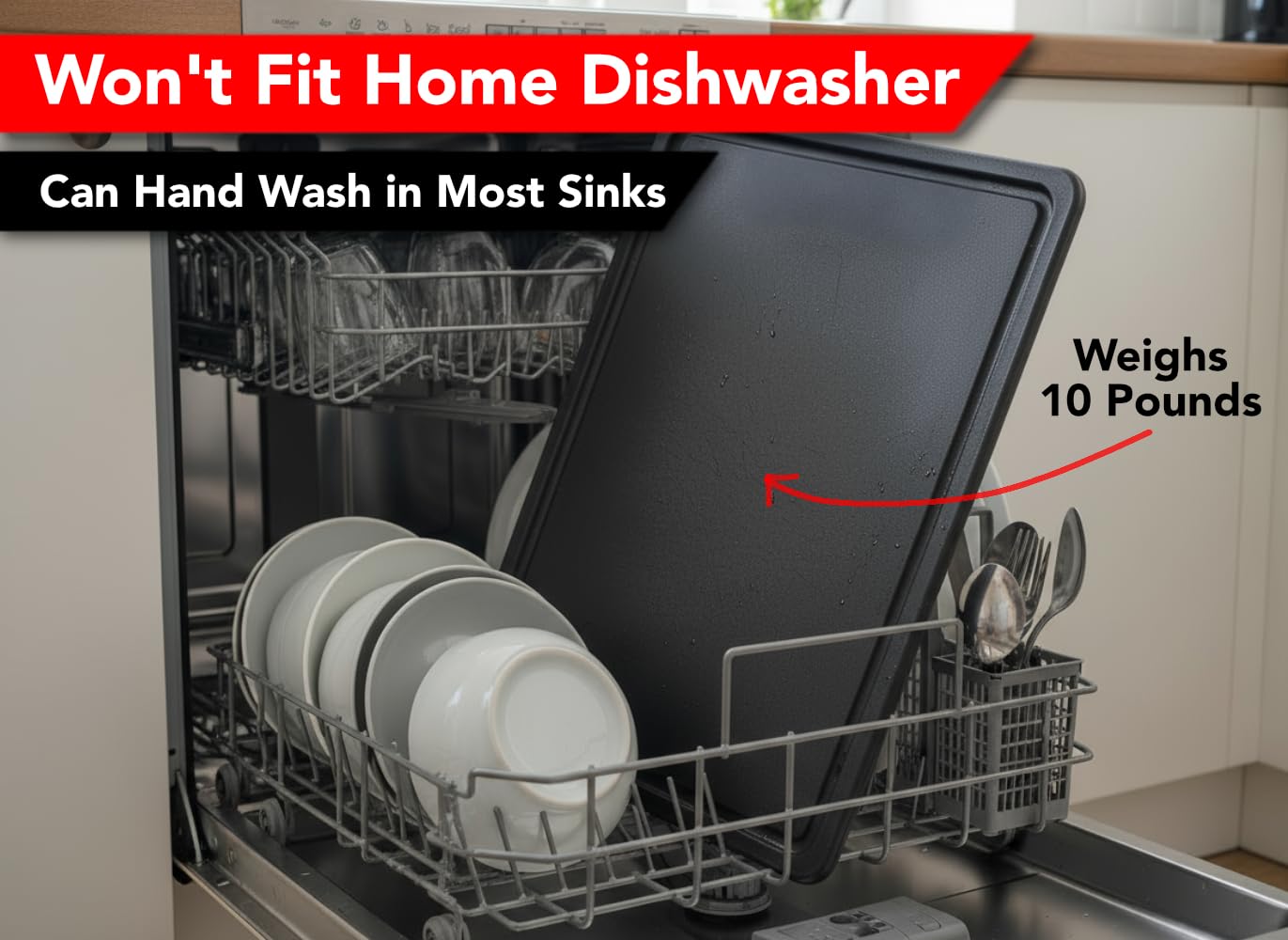 Thirteen Chefs board beside sink and dishwasher illustrating scale and fit considerations