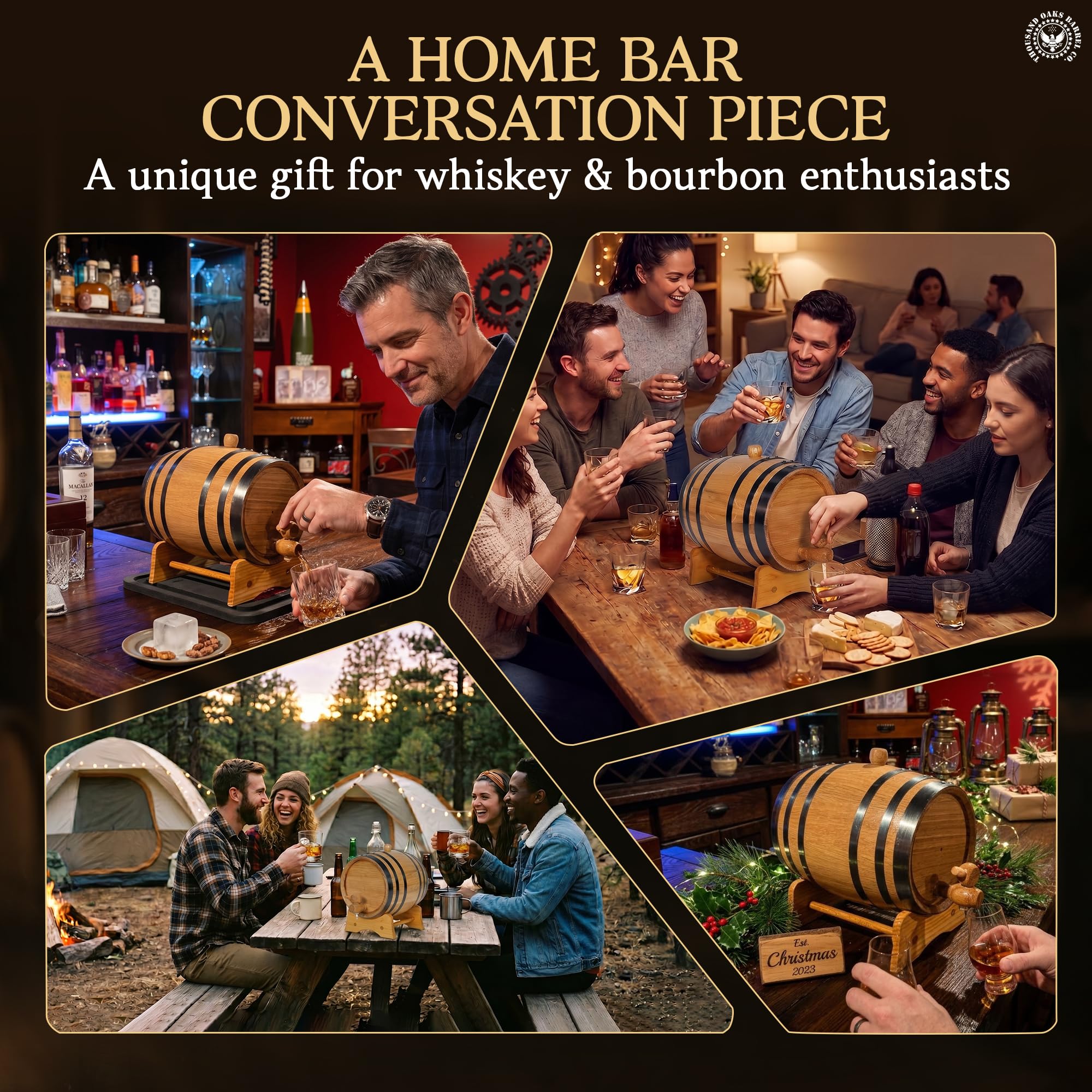 THOUSAND OAKS BARREL staged on home bar to show decorative and functional appeal